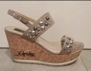 Sandalias cuña Replay beige y plata
