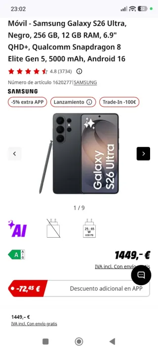 Samsung Galaxy S26 Ultra Negro 256GB