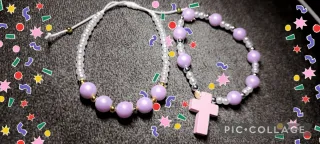 Pulsera Comunión Cruz Lila Perlas