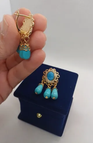 Pendientes Turquesa Cubana Chapado Oro 18k