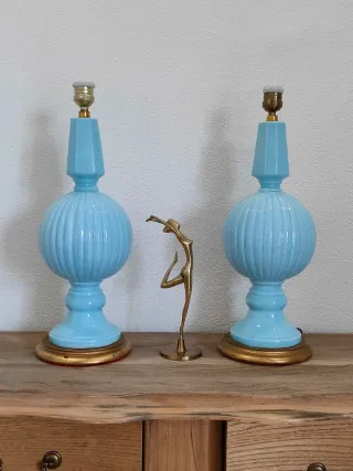 Pareja Lámparas Cerámica Manises Azul Celeste