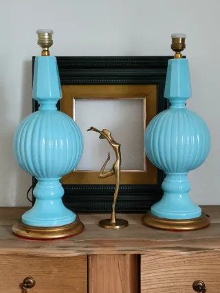 Pareja Lámparas Cerámica Manises Azul Celeste