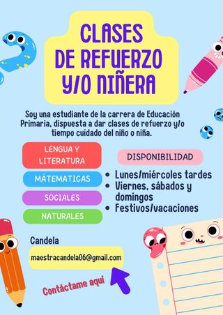 Ofrezco puesto de clases de refuerzo y/o niñera