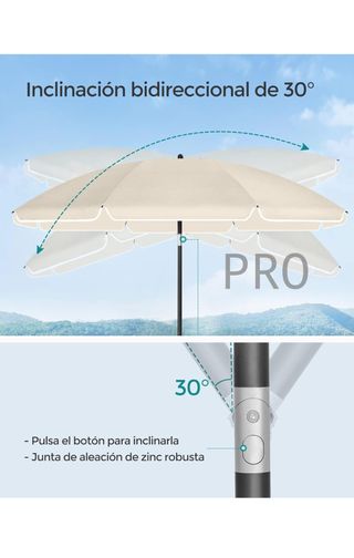 Sombrilla de 200 cm, UPF 50+, Inclinación Bidireccional de 30°