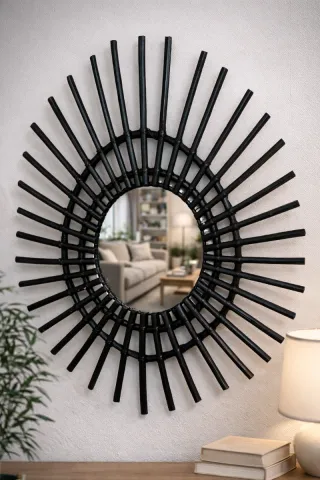 Specchio Sole in Rattan Nero