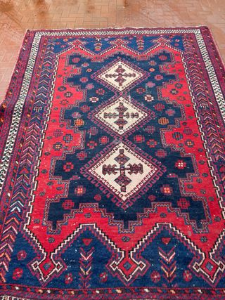 Tappeto antico lana blu e rosso