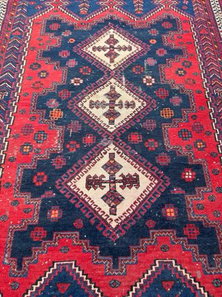 Tappeto antico lana blu e rosso