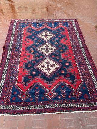 Tappeto antico lana blu e rosso