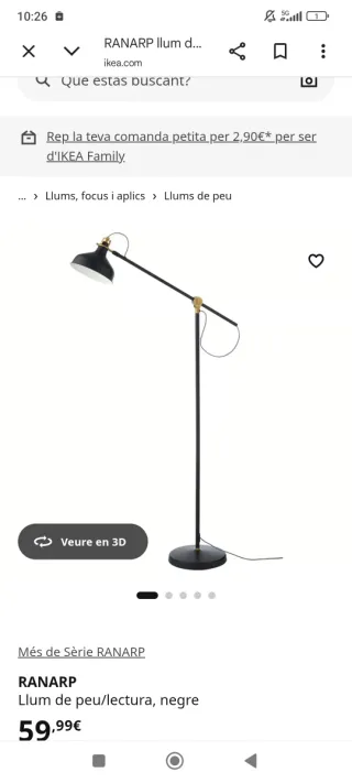 Lámpara de pie IKEA Ranarp Negra y Dorada