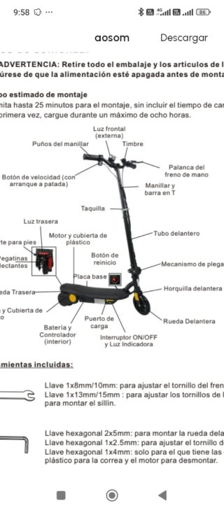 Patinete Eléctrico Infantil plegable faro led