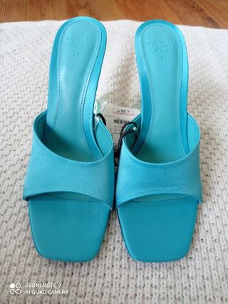 Sandalias Zara Mules Tacón Metacrilato Turquesa