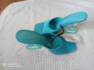 Sandalias Zara Mules Tacón Metacrilato Turquesa