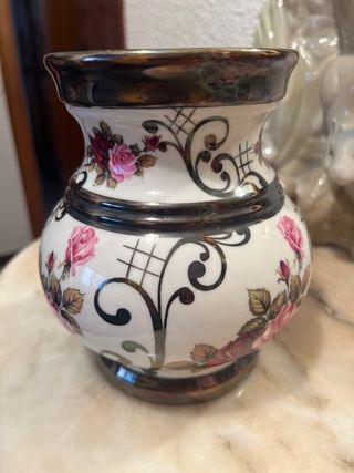 Jarrón Porcelana Vintage Flores Rosas Plata