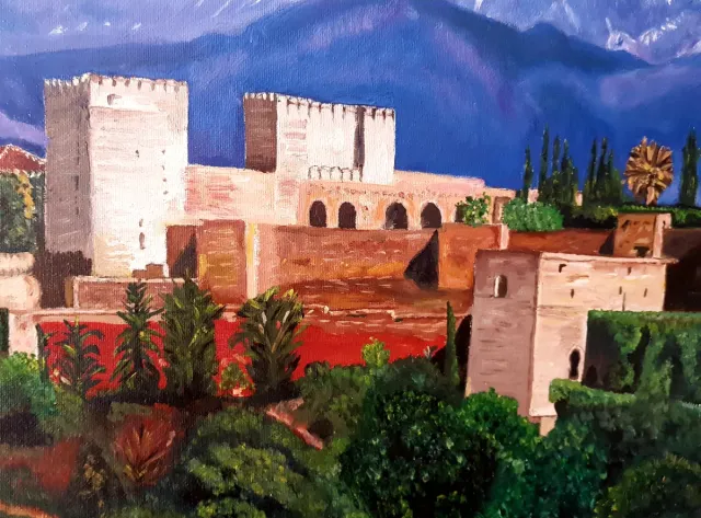 Óleo Alhambra Granada Marco Dorado