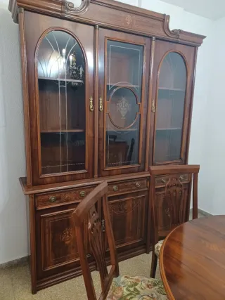 Conjunto mueble salón mesa redonda madera 6 sillas