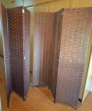 Biombo 3 paneles madera y mimbre