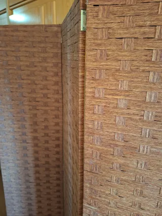 Biombo 3 paneles madera y mimbre