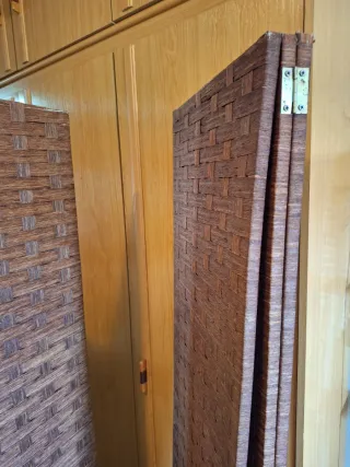 Biombo 3 paneles madera y mimbre