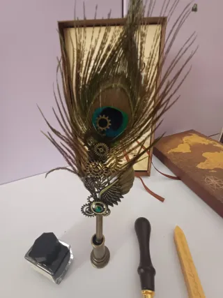 Set scrittura vintage piuma pavone