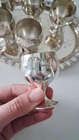 Conjunto de 6 copas plateadas con bandeja