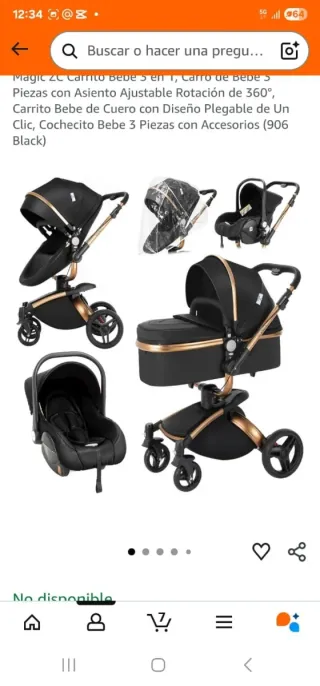 Carrito Bebe 3 en 1 Negro y Dorado