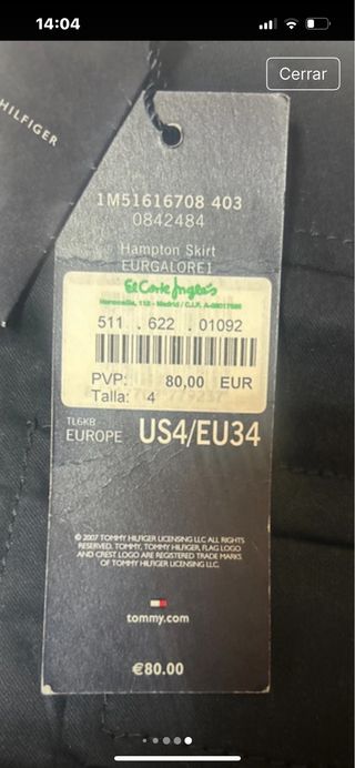 Falda Tommy Hilfiger Talla XS Negra