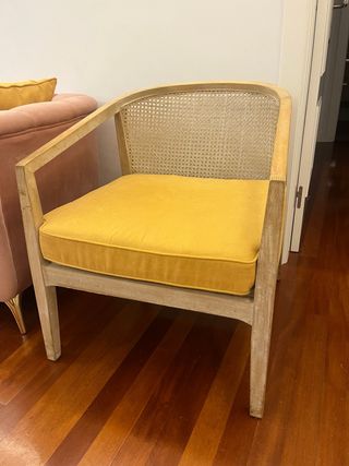 Sillón madera (acabado vintage), textil y ratán