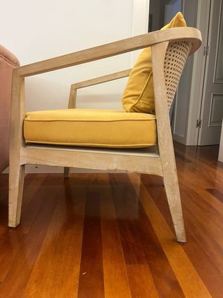 Sillón madera (acabado vintage), textil y ratán