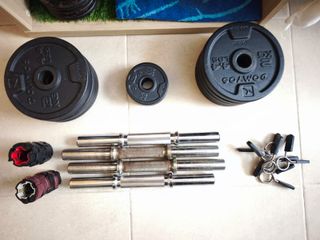 Rack + banco + 2 barras / mancuernas para gimnasio