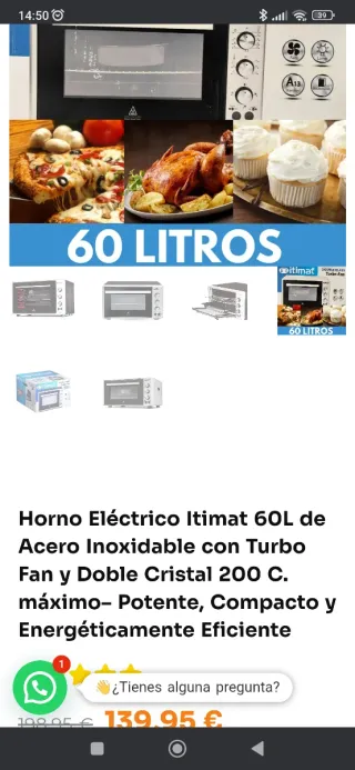 Horno Eléctrico Itimat 60L Acero Inoxidable