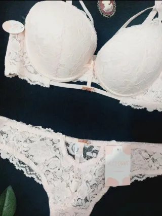 Conjunto Lencería Encaje Beige/Rosa 95C