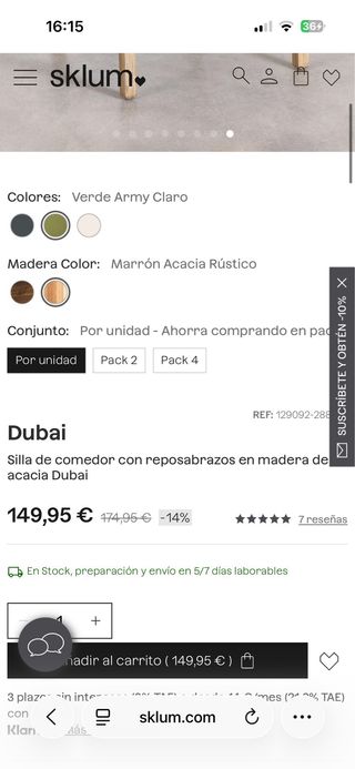 Silla Dubai verde SKLUM sin estrenar