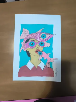 Cuadro mujer pez rosa y azul