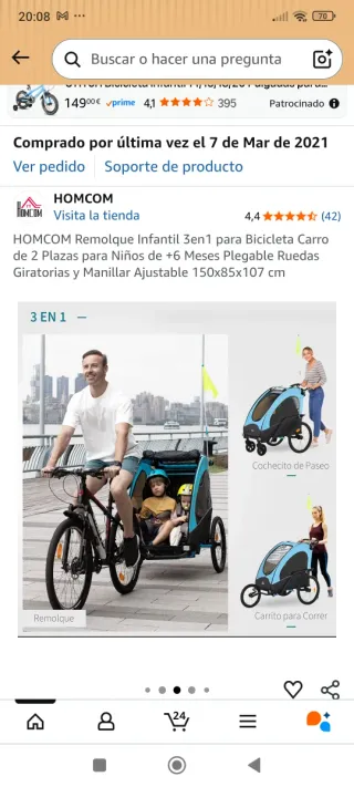 Remolque Infantil 3en1 HOMCOM Bicicleta
