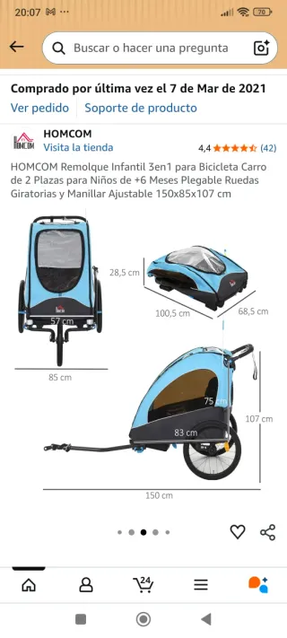 Remolque Infantil 3en1 HOMCOM Bicicleta