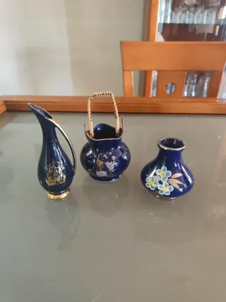 Juego 3 jarrones cerámica azul baño