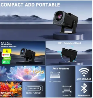 Proyector 4K, Portátil 1080P Bluetooth WiFi.