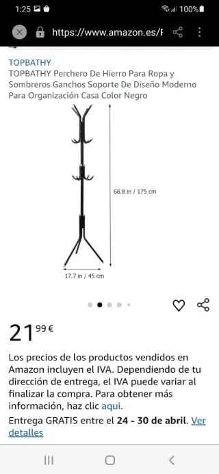 Perchero de pie de hierro negro 12 ganchos