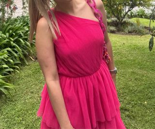 Vestido fiesta graduación rosa tul volantes