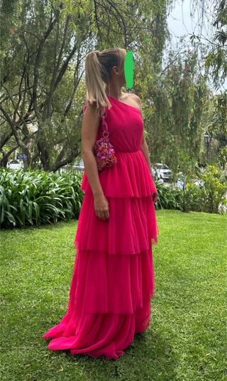 Vestido fiesta graduación rosa tul volantes