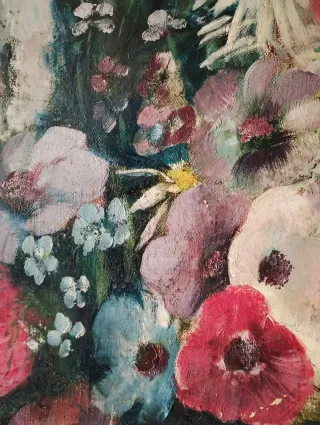 Oleo sobre lienzo bodegón flores antiguo