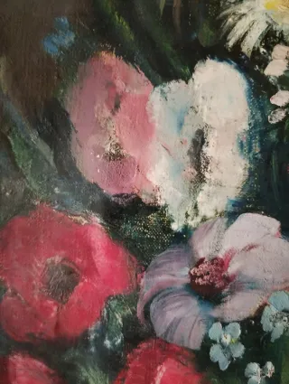 Oleo sobre lienzo bodegón flores antiguo