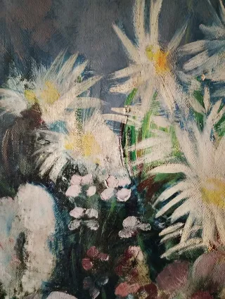 Oleo sobre lienzo bodegón flores antiguo