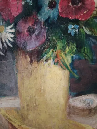 Oleo sobre lienzo bodegón flores antiguo