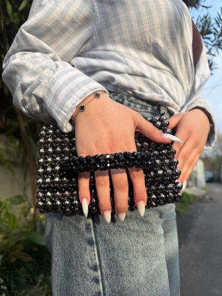 Bolso de mano perlas blanco y dorado