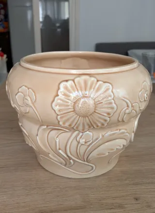 Maceta cerámica beige floral, vintage