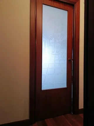Puerta de interior, de madera con cristal decorado