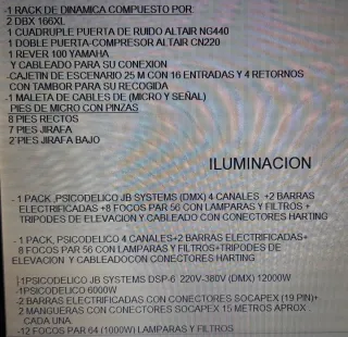 Equipo de sonido das audio, mesas y luces