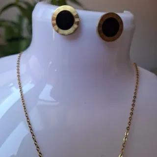 Juego Collar y Pendientes Negro Dorado acero inox