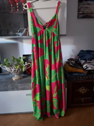 Vestido largo rosa y verde estampado